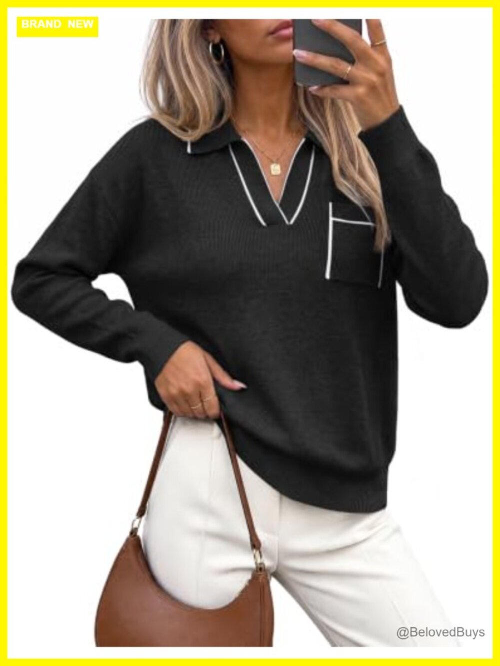 Womens Polo Sweater V Neck Long Sleeve Business Dressy Pullover